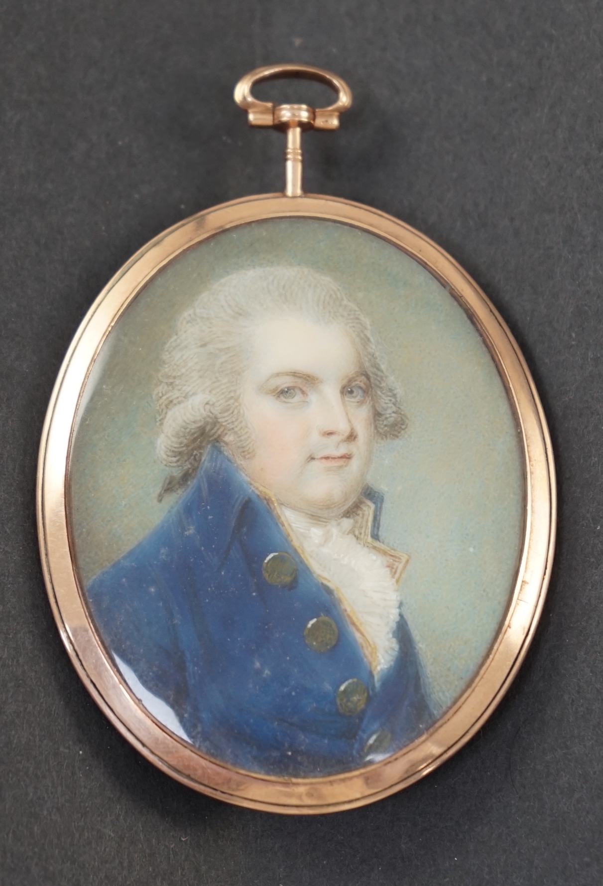English School circa 1800-1810, Portrait miniature of a gentleman wearing a blue coat, watercolour on ivory, 5.7 x 4.6cm. CITES Submission reference T2D5BH3S